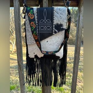 🌻NEW GENUINE COWHIDE LEATHER BOOT STITCH BAG PURSE SUNFLOWER STRAP FRINGE🌻